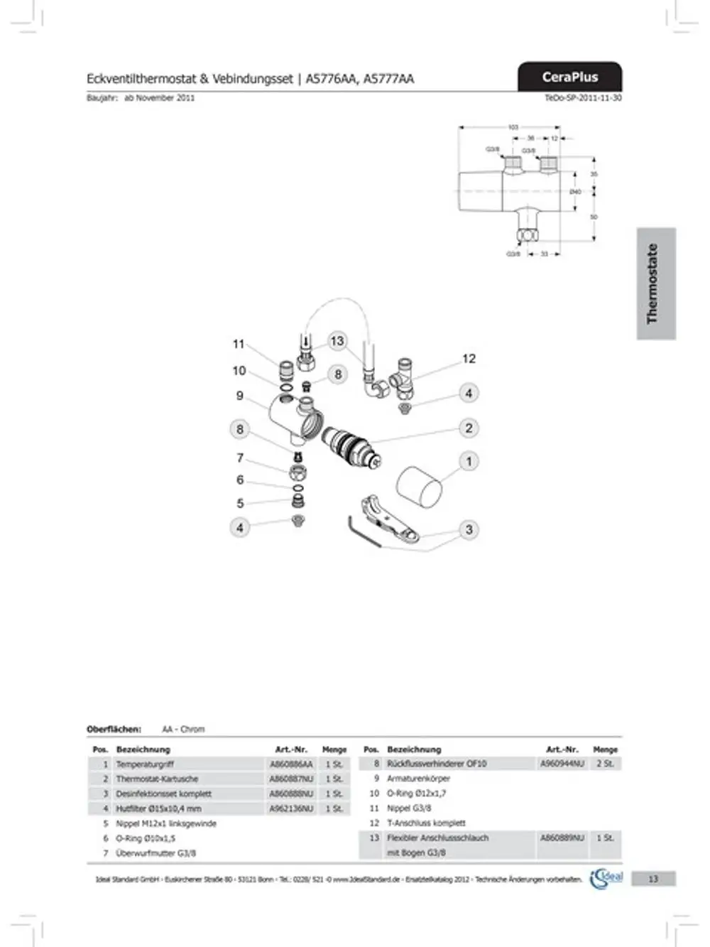 Ersatzteilzeichnung des Thermostat-Kartusche Systems von Ideal Standard, inklusive Montageschemata und Artikelnummern für verschiedene Komponenten.
